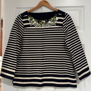 J. Crew Collection 2014 Black and Cream Striped Blouse with Floral Detail